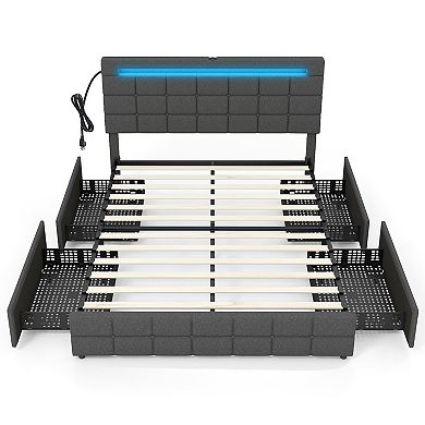 Queen Upholstered LED Bed Frame with Headboard and 4 Drawers