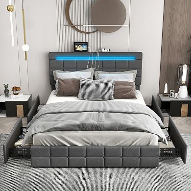 Queen Upholstered LED Bed Frame with Headboard and 4 Drawers