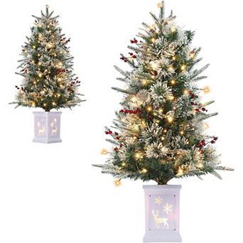 2 pc 3FT Prelit Artificial Christmas Tree with Lights, Artificial Christmas Tree with Reindeer Base