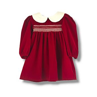 Toddler Girls Long Sleeve Red Smocked Dress