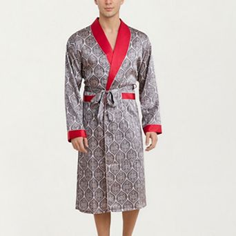 Men's Satin Robe with Ornate Medallion Pattern and Contrast Trim Details
