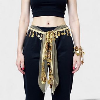 Women's Sheer Coin Belt with Metallic Sequin Tassel Details 71 in