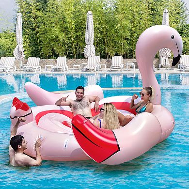 6 People Inflatable Flamingo Floating Island With 6 Cup Holders For Pool And River