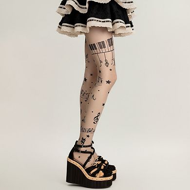 Women's Sheer Tights with Musical Note and Piano Pattern Design