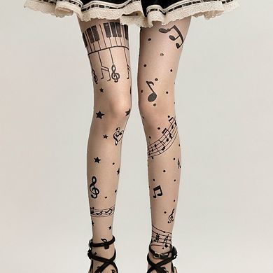 Women's Sheer Tights with Musical Note and Piano Pattern Design