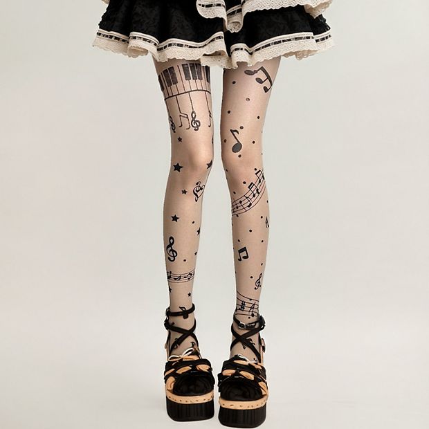 【完売品】KASHIKO Calligraphy Tights Women's Sheer Tights with Musical Note and Piano Pattern Design
