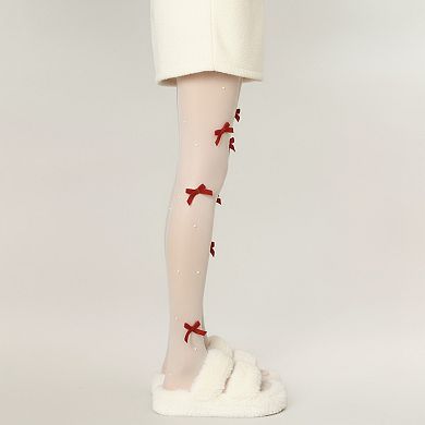 Women's Sheer Tights with Velvet Bow and Pearl Accent Details