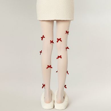 Women's Sheer Tights with Velvet Bow and Pearl Accent Details