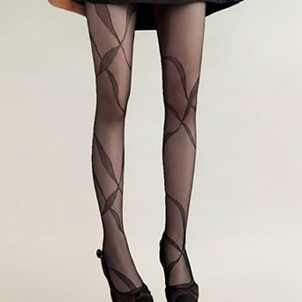 Women's Sheer Pantyhose with Abstract Leaf Line Pattern