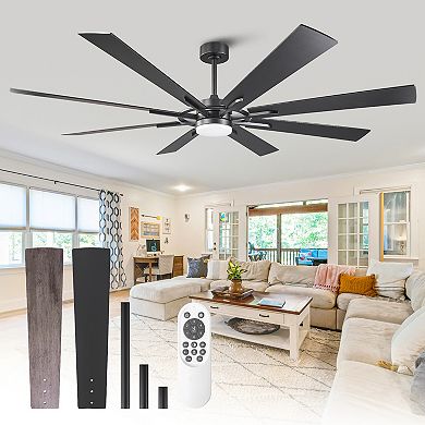 72" Matte Black Large Ceiling Fan with LED Light & Reversible Blades