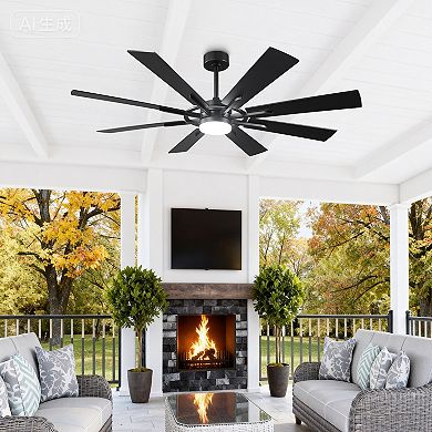 60" Matte Black Large Ceiling Fan with LED Light & Reversible Blades