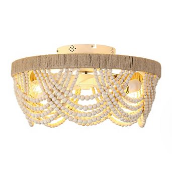 20" Beige Wood Beaded 4-Light Flush Mount Smart Ceiling Fan with Remote and Light Kit