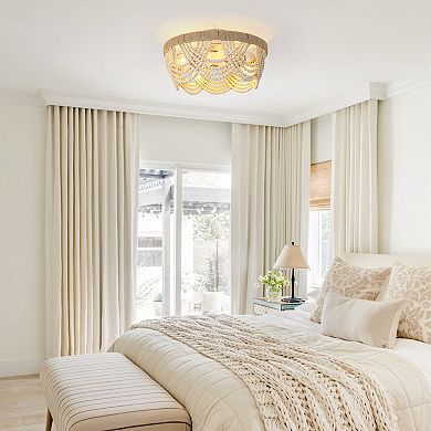 20" Beige Wood Beaded 4-Light Flush Mount Smart Ceiling Fan with Remote and Light Kit