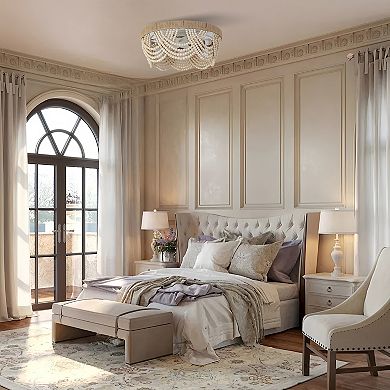 20" Beige Wood Beaded 4-Light Flush Mount Smart Ceiling Fan with Remote and Light Kit