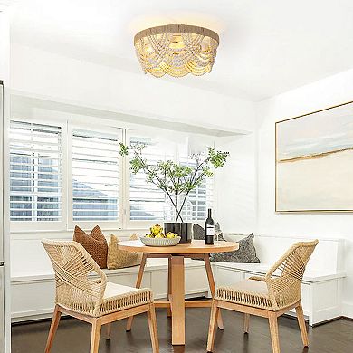 20" Beige Wood Beaded 4-Light Flush Mount Smart Ceiling Fan with Remote and Light Kit