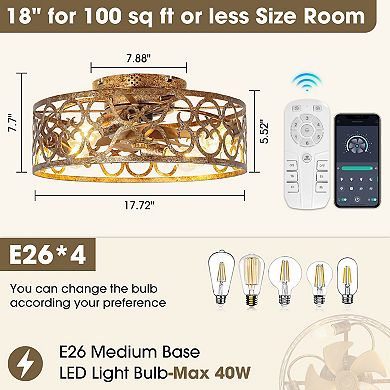 17.7" Rustic Gold Metal Caged Smart Ceiling Fan with Light and Remote, App Control