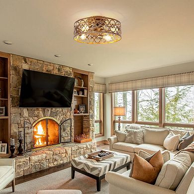 17.7" Rustic Gold Metal Caged Smart Ceiling Fan with Light and Remote, App Control