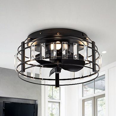 13" Modern Flush Mount Crystal Ceiling Fan with LED Light