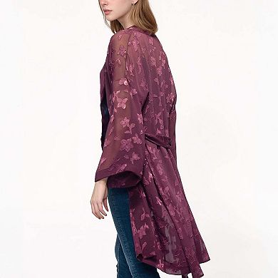 Sheer Floral Embossed Robe Cardigan in Wine