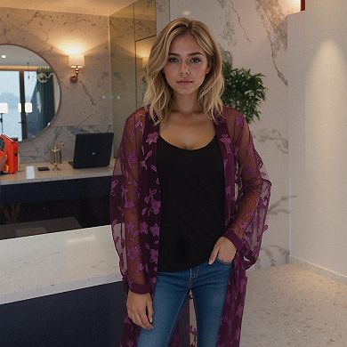 Sheer Floral Embossed Robe Cardigan in Wine