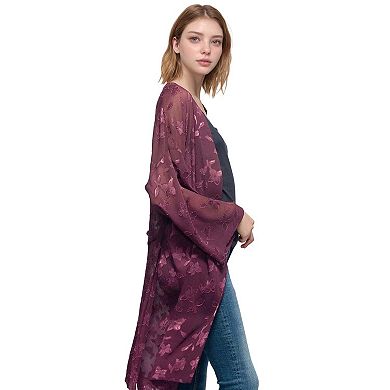 Sheer Floral Embossed Robe Cardigan in Wine