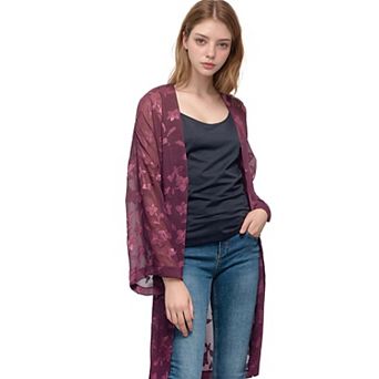 Sheer Floral Embossed Robe Cardigan in Wine