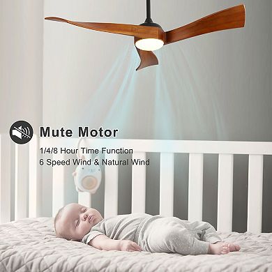 LOVMOR 52 Inch Ceiling Fan 3 Color Led 3 Wood Blades Remote DC Motor Matte Black