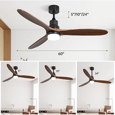 LOVMOR 60 Inch Ceiling Fan With Lights 3 Wood Blades Noiseless Remote