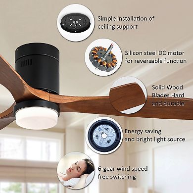 LOVMOR 52 Inch Wooden Ceiling Fan 18W Led 3 Wood Blades Remote ETL DC Motor