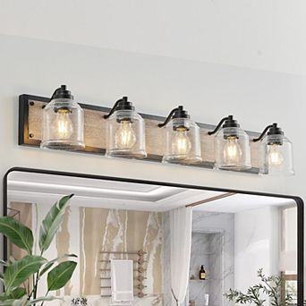 LOVMOR 40 Farmhouse Vanity Light 5 Light Clear Glass Black Wood for Bathroom No Bulbs