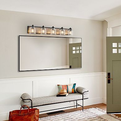 LOVMOR 40 Farmhouse Vanity Light 5 Light Clear Glass Black Wood for Bathroom No Bulbs