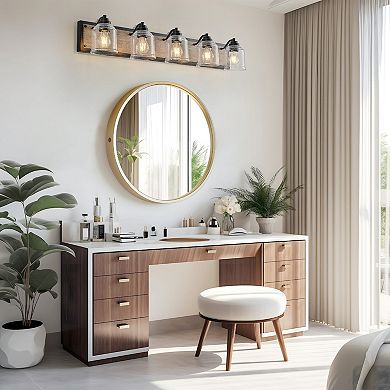 LOVMOR 40 Farmhouse Vanity Light 5 Light Clear Glass Black Wood for Bathroom No Bulbs