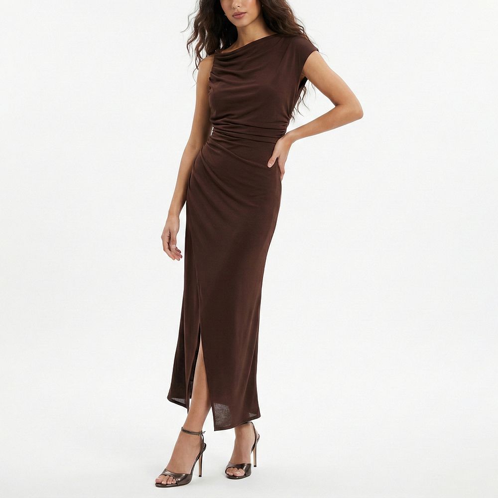 two piece brown dress Phan Huy GOLDEN-BROWN 2-PIECE TWEED Size:40/ US 8 extended-sizes Bridesmaid Camo Dresses | a boat neckline