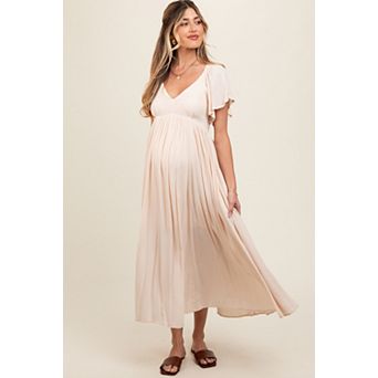 Maternity V-Neck Flutter Short Sleeve Midi Dress