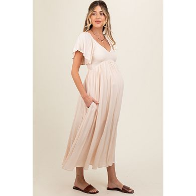 Maternity V-Neck Flutter Short Sleeve Midi Dress