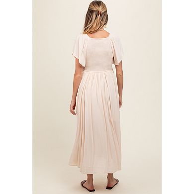 Maternity V-Neck Flutter Short Sleeve Midi Dress