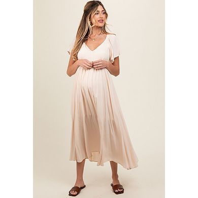 Maternity V-Neck Flutter Short Sleeve Midi Dress