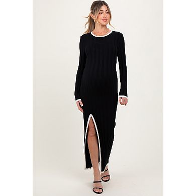 Maternity Wide Ribbed Knit Side Slit Maxi Dress