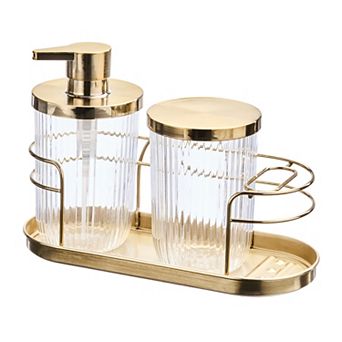 iDesign 3 pc Gold Tone Soap Dispenser, Canister & Storage Caddy Bathroom Accessories Set