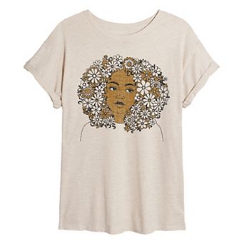 Juniors' Floral Afro Woman Distressed Cropped Tee