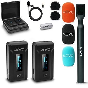 Movo WMX-2 Wireless Lavalier Microphone System with Charge Case and Interview Mic Handle for Camera