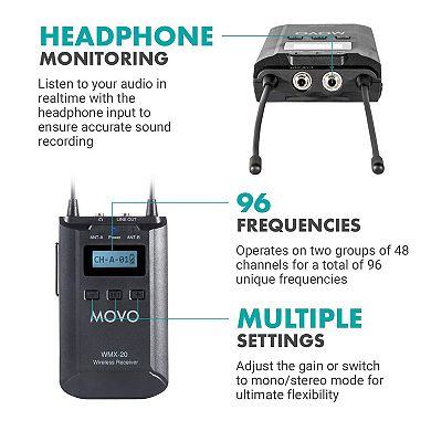 Movo WMX-20-DUO 48-Channel UHF Wireless Lavalier Microphone System Compatible with DSLR Cameras
