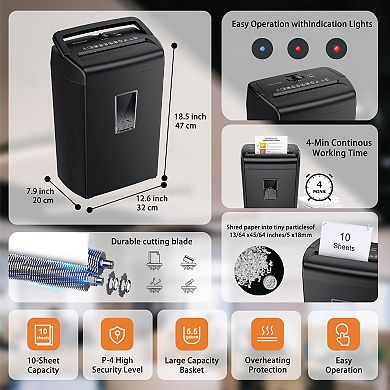 Bonsaii 10-Sheet Cross-Cut Shredder for Home Office 4-Min Runtime 5.5-Gallon Bin with Handle