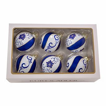 Kurt Adler 6 pc Blue & White Glass Ball Christmas Ornament Set