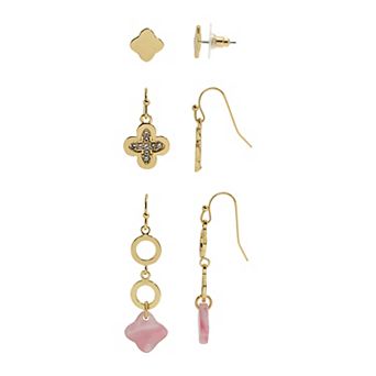 Emberly 3-Pair Gold Tone Clover & Simulated Stone Earring Set
