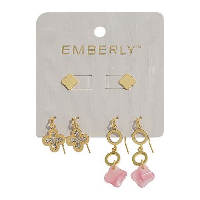 Emberly 3-Pair Gold Tone Clover & Simulated Stone Earring Set