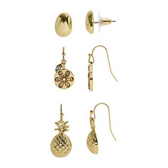 Emberly 3-Pair Gold Tone Sand Dollar & Pineapple Earring Set