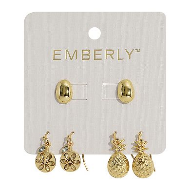 Emberly 3-Pair Gold Tone Sand Dollar & Pineapple Earring Set