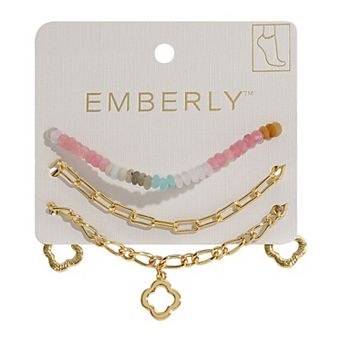 Emberly Gold Tone 3 pc Clover Bead Anklet Set