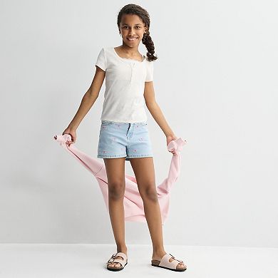 Girls 7-16 Gogo Star High-Rise Embroidered Bow Denim Shorts